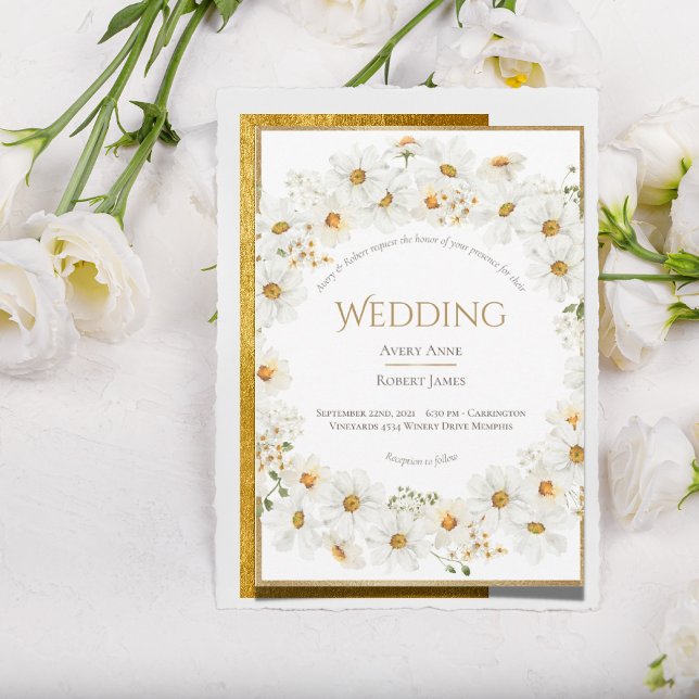 Invitación a la Boda de Oro Floral Daisy Wreath (Subido por el creador)