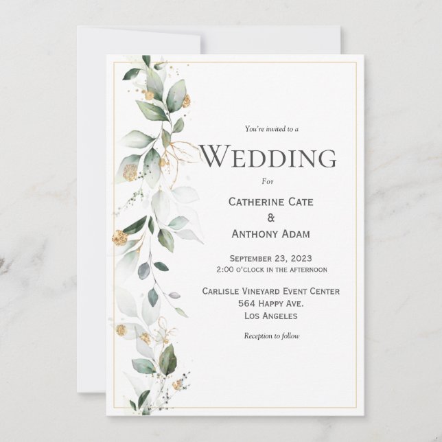 Invitación a la Boda de Oro Floral Eucalyptus Gree (Anverso)