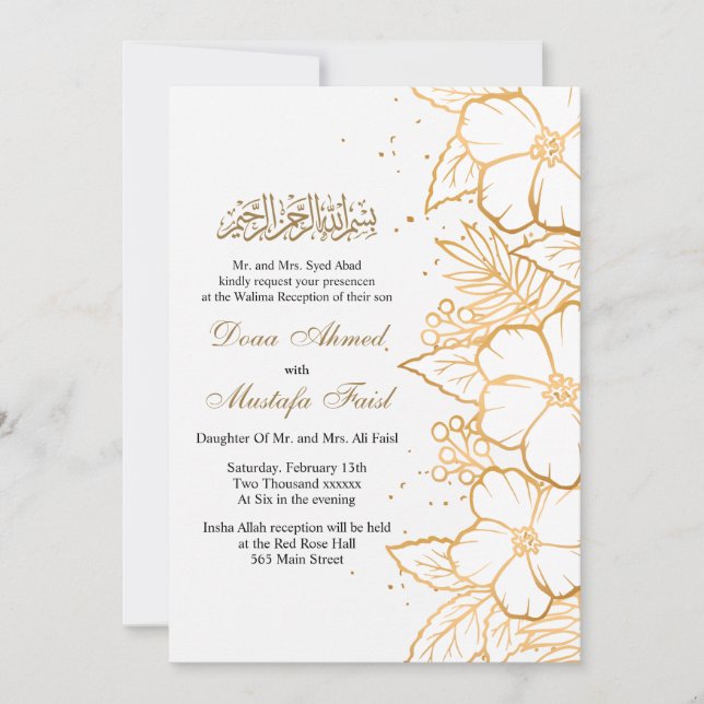 invitación a la boda de oro floral musulmana (Anverso)