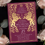 Invitación a la Boda de Oro Medieval del León Real<br><div class="desc">Celebre su día especial con este diseño de Boda de la Espada Real Medieval de Oro de León. El oro que aparece en este diseño no es un verdadero Relieve metalizado. Puede personalizar más adelante haciendo clic en el botón "PERSONALIZAR".</div>