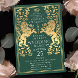 Invitación a la Boda de Oro Medieval del León Real<br><div class="desc">Celebre su día especial con este diseño de Boda de la Espada Real Medieval de Oro de León. El oro que aparece en este diseño no es un verdadero Relieve metalizado. Puede personalizar más adelante haciendo clic en el botón "PERSONALIZAR".</div>
