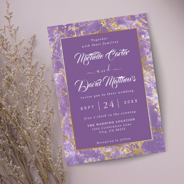 Invitación A La Boda De Oro Moderno Y Mármol Púrpu (Subido por el creador)