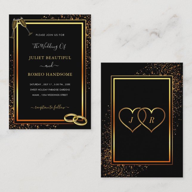 Invitación a la Boda de Oro Negra con Anillos (Anverso / Reverso)