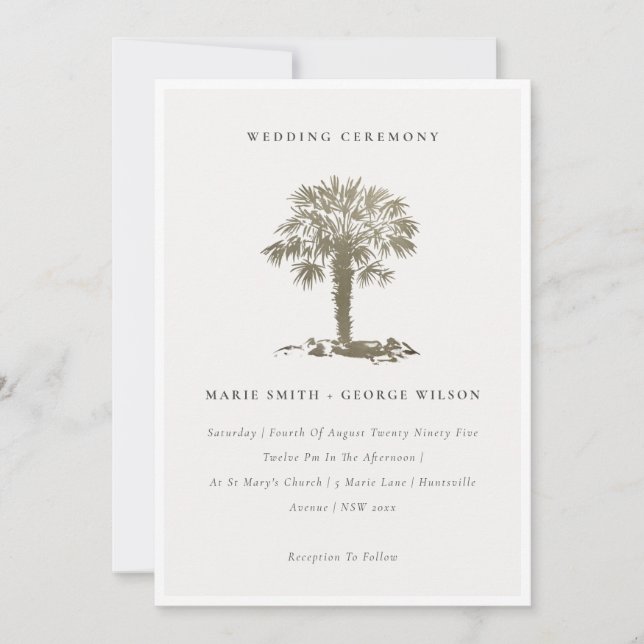 Invitación a la Boda de Oro Oscura de Palm Tree de (Anverso)