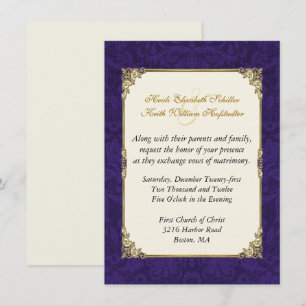 Invitación a la Boda de Oro Purple Damask & Vintag