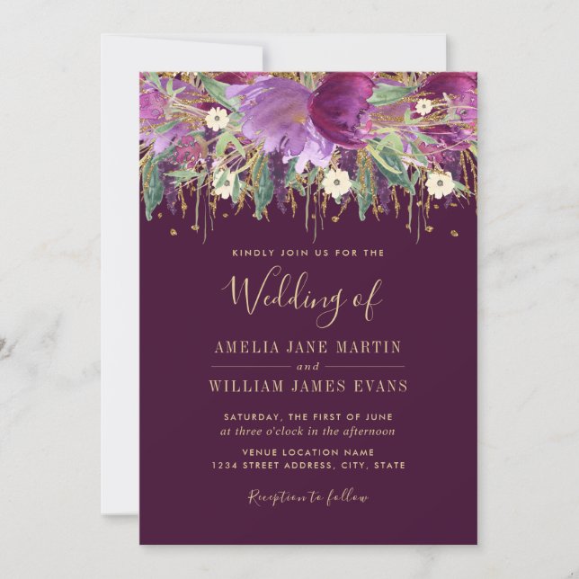 Invitación a la boda de oro púrpura resplandecient (Anverso)