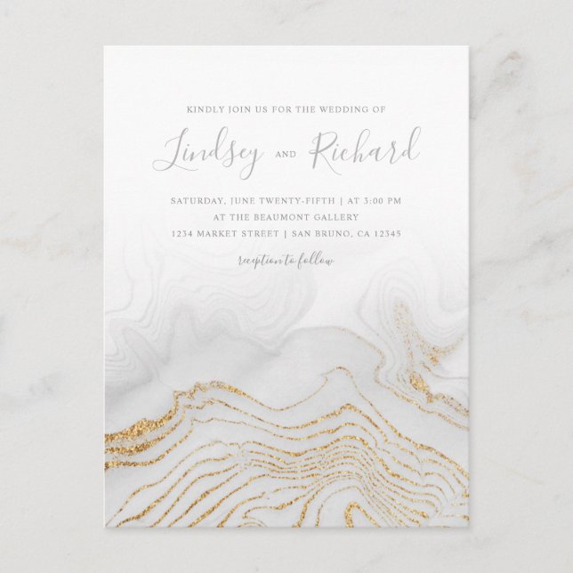 Invitación a la boda de oro Purpurina Marble y esc (Anverso)