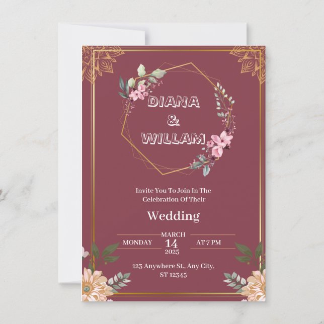 Invitación a la boda de oro rojo estético (Anverso)