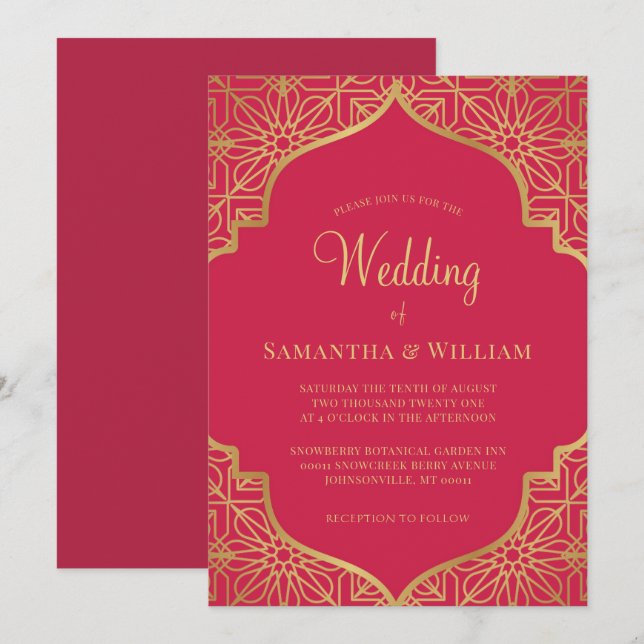 Invitación a la boda de oro rojo Magenta moderna (Anverso / Reverso)