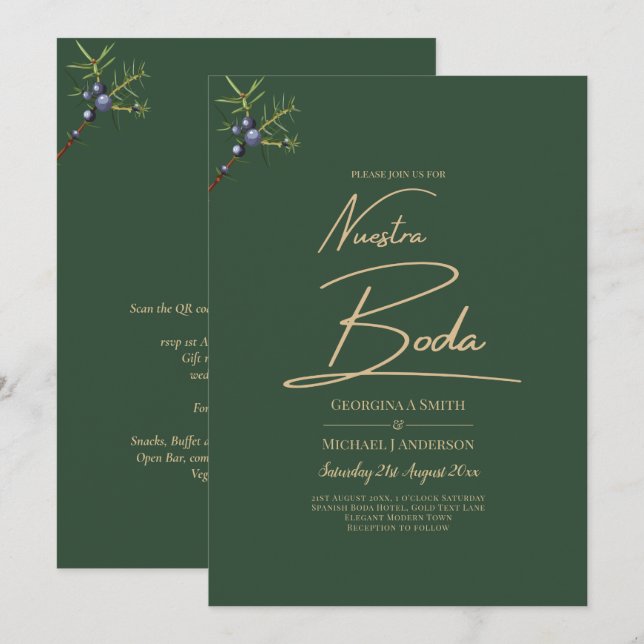 Invitación a la boda de oro verde de JUNIPER (Anverso / Reverso)