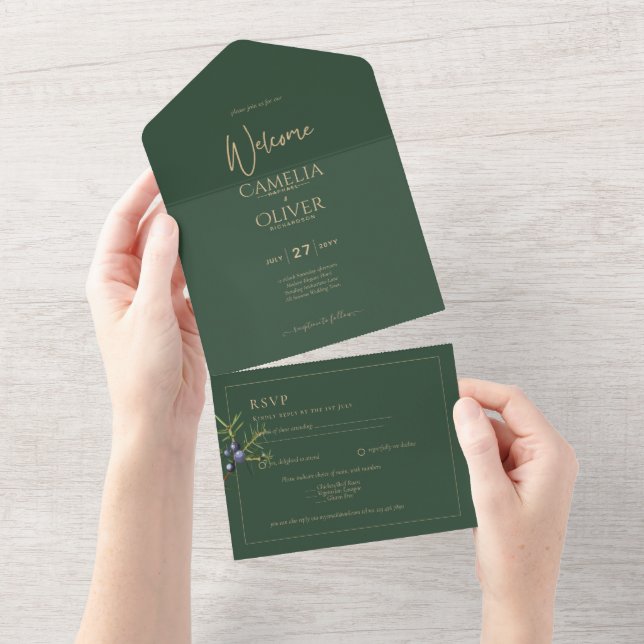 Invitación a la boda de oro verde de JUNIPER (desgarro)
