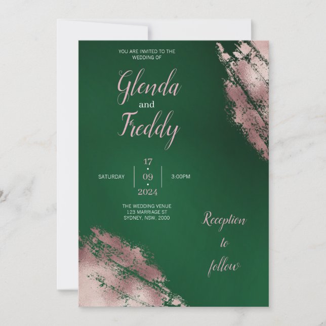 Invitación a la boda de oro verde esmeralda y Rosa (Anverso)