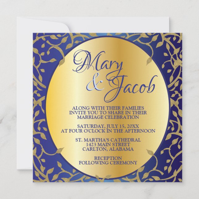 Invitación a la boda de oro y azul real (Anverso)