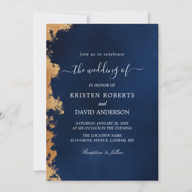 invitación a la boda de oro y azul real (Anverso)