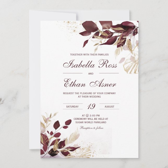 Invitación a la boda de oro y borgoña personalizad (Anverso)