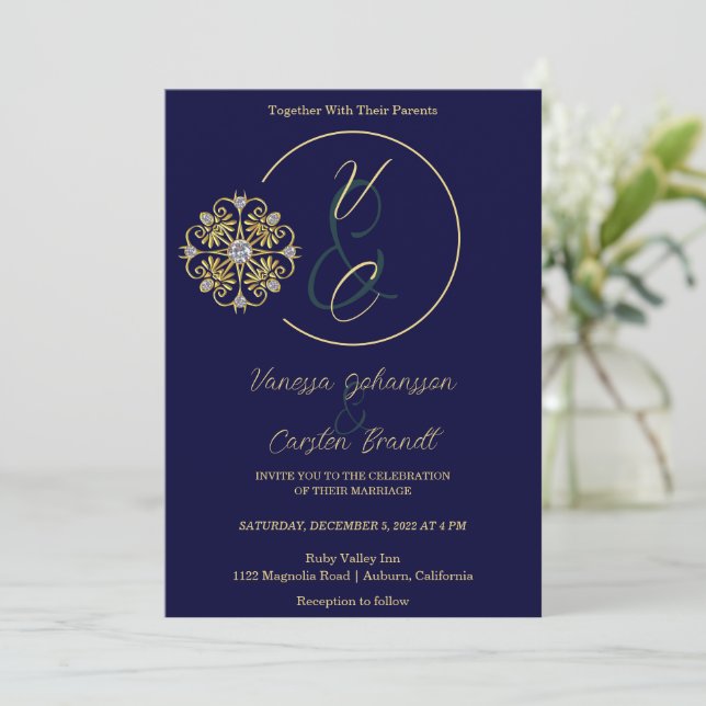 Invitación a la boda de oro y diamantes (Anverso de pie)