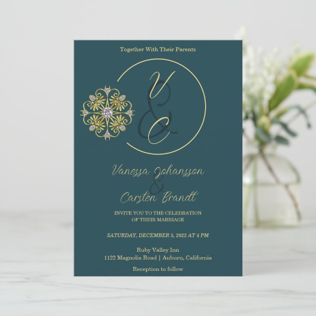 Invitación a la boda de oro y diamantes (Anverso de pie)