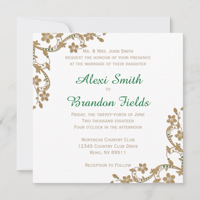 Invitación a la boda de oro y esmeralda (Anverso)