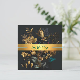 Invitación a la boda de oro y jardín azul