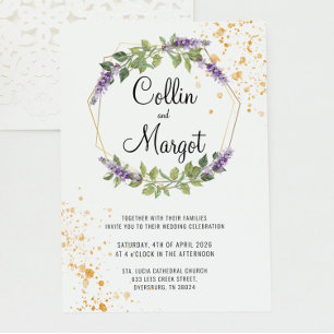 Invitación a la boda de oro y lavanda