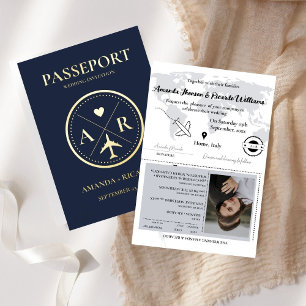 Invitación a la boda de oro y Marina Blue Passport