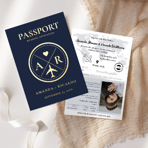 Invitación a la boda de oro y Marina Blue Passport