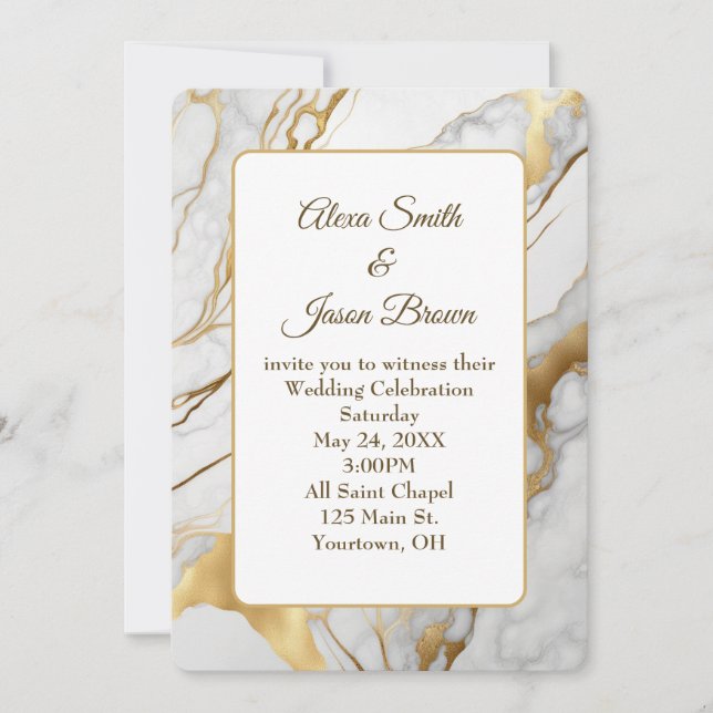 Invitación a la boda de oro y mármol blanco abstra (Anverso)