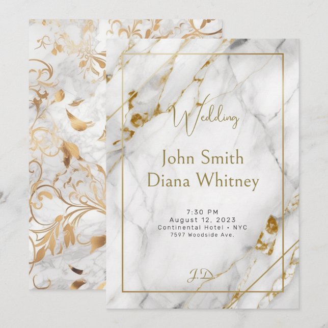 Invitación a la Boda de Oro y Mármol Blanco de luj (Anverso / Reverso)