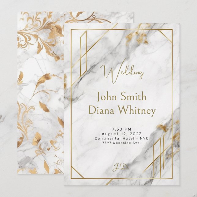 Invitación a la Boda de Oro y Mármol Blanco de luj (Anverso / Reverso)