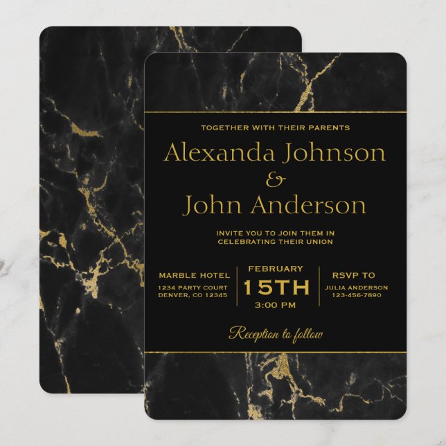 Invitación a la boda de oro y mármol negro (Anverso / Reverso)