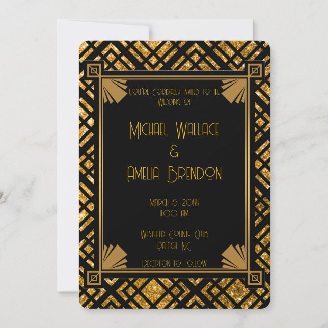 Invitación a la boda de oro y negro en el Art Deco (Anverso)