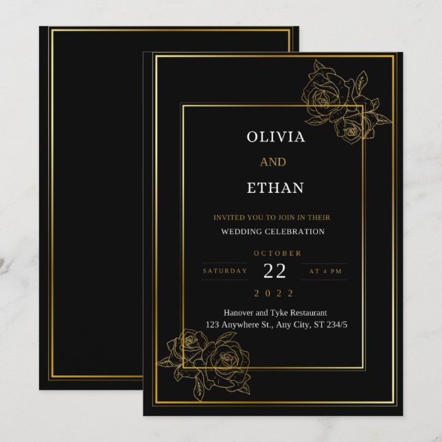 Invitación a la Boda de Oro y Negro Premium (Anverso / Reverso)