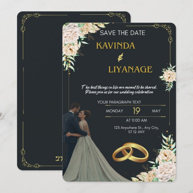 Invitación a la Boda de Oro y Negro Premium (Anverso / Reverso)