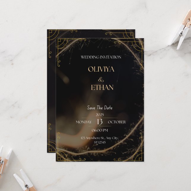 Invitación a la Boda de Oro y Negro Premium (Anverso/Reverso In Situ)