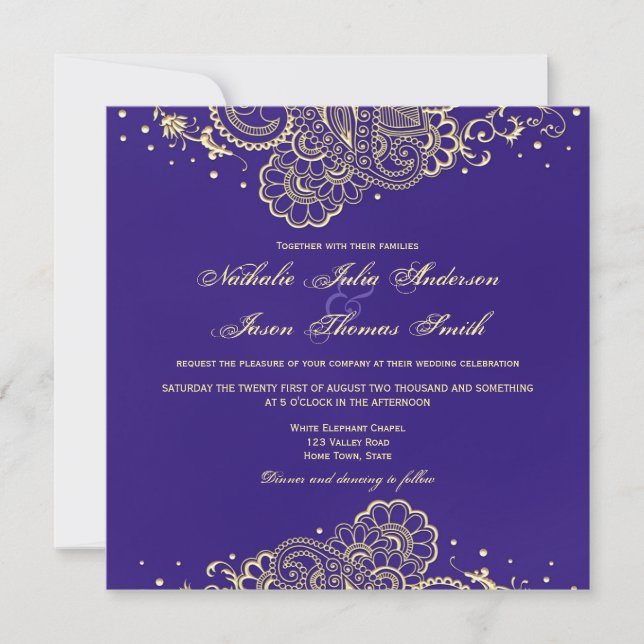 Invitación a la boda de oro y púrpura Henna Lace (Anverso)