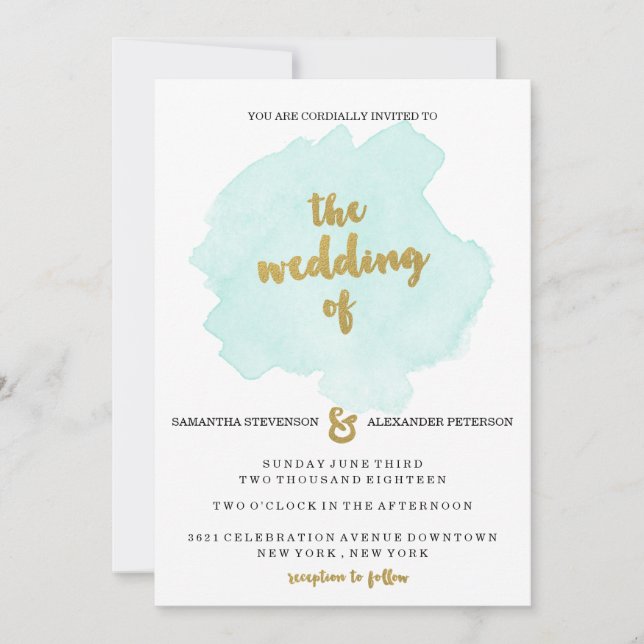 Invitación a la boda de oro y Verde azulado en Rub (Anverso)