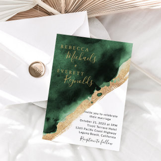 Invitación a la boda de oro y verde esmeralda