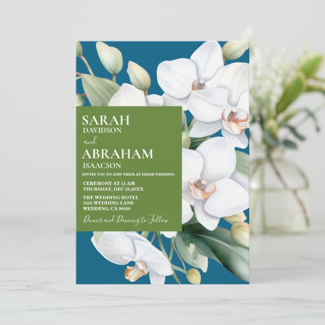 Invitación a la boda de orquídeas blancas (Anverso de pie)