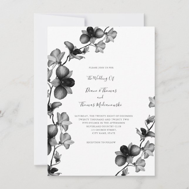 Invitación a la boda de orquídeas blancas y negras (Anverso)