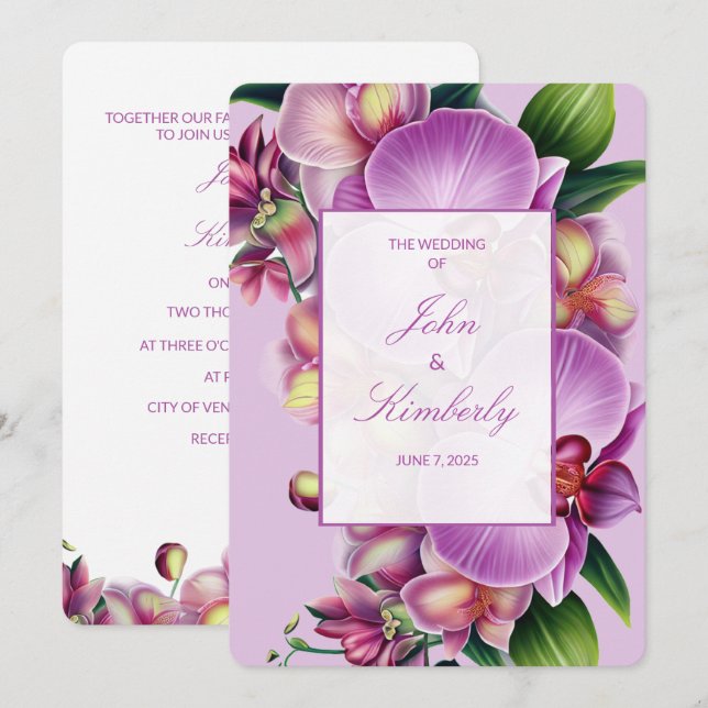 Invitación a la boda de orquídeas florales moradas (Anverso / Reverso)