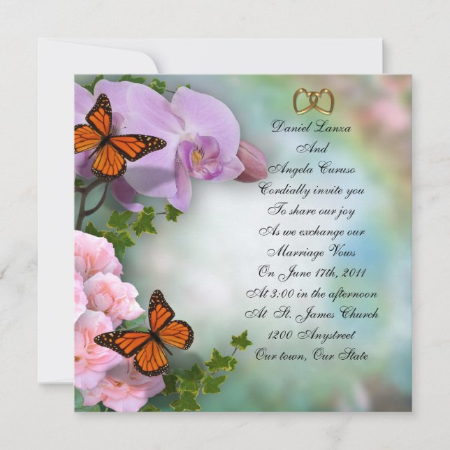 Invitación a la boda de orquídeas, rosas y maripos (Anverso)