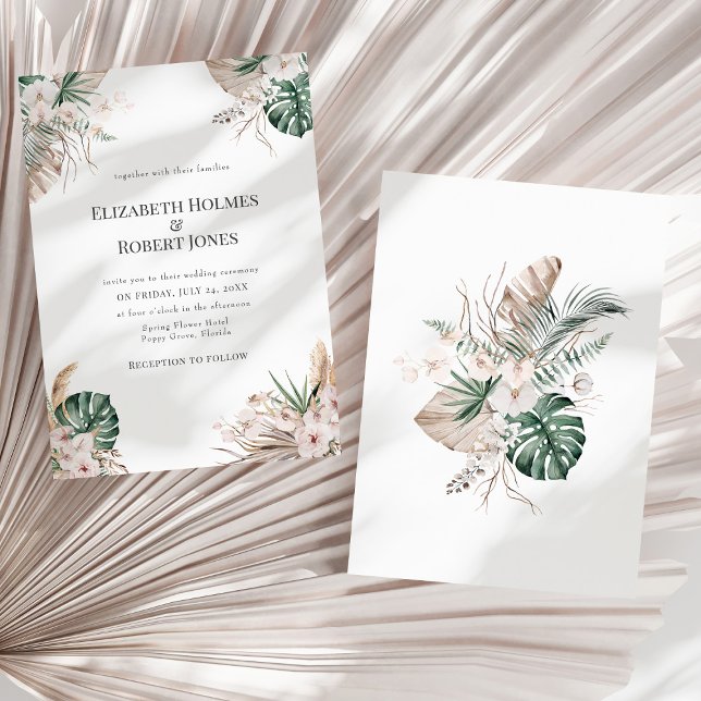 Invitación a la boda de orquídeas tropicales y mon (Tropical Orchid and Monstera Wedding Invitation on a sunny white dry palm leaf.)