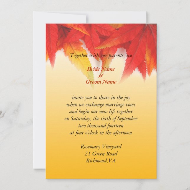Invitación a la boda de otoño. Caer hojas de arce  (Anverso)