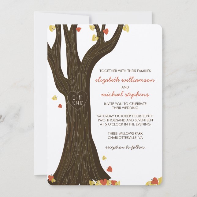 Invitación a la boda de otoño con árbol tallado y  (Anverso)