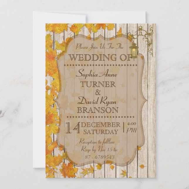 Invitación a la boda de otoño de madera antigua de (Anverso)