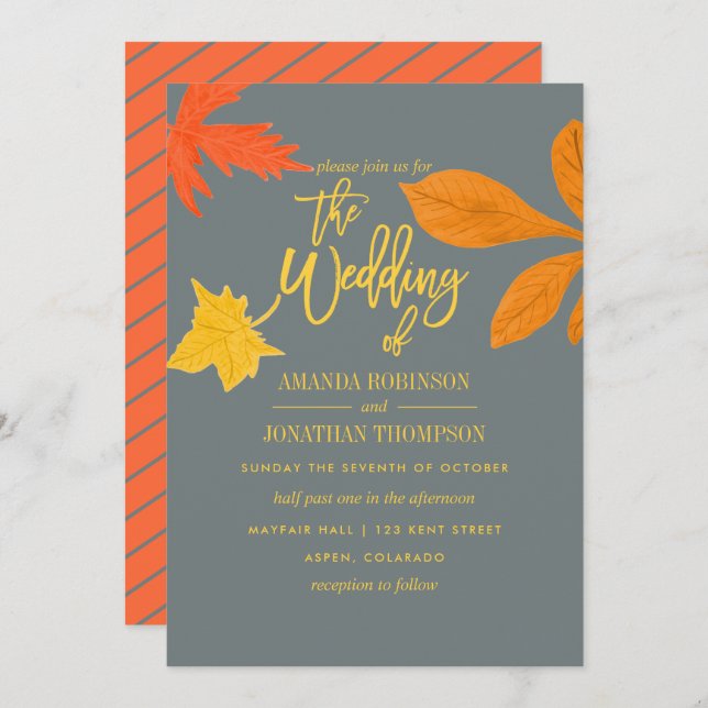 Invitación a la boda de otoño del naranja brillant (Anverso / Reverso)
