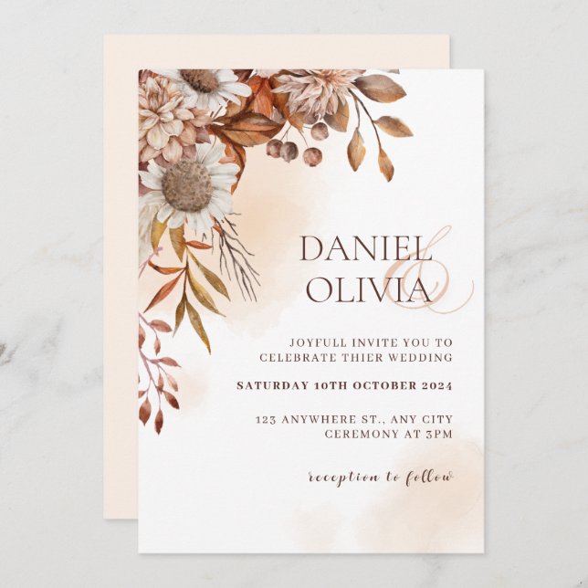 Invitación a la boda de otoño floral rústica (Anverso / Reverso)