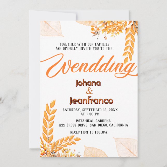 Invitación a la boda de otoño Naranja guión modern (Anverso)