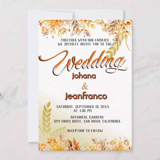 Invitación a la boda de otoño Naranja guión modern (Anverso)