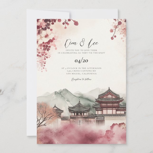 Invitación a la boda de paisajes de acuarela corea (Anverso)